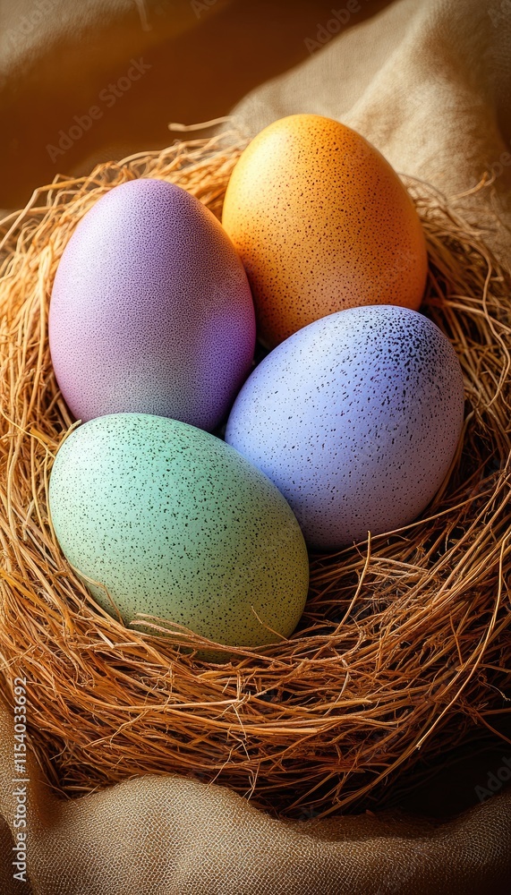 Poster a nest containing four colorful, speckled eggs resting on a soft surface.