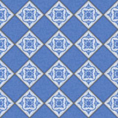 Traditional blue and white tile floor made of squares, seamless vector pattern
