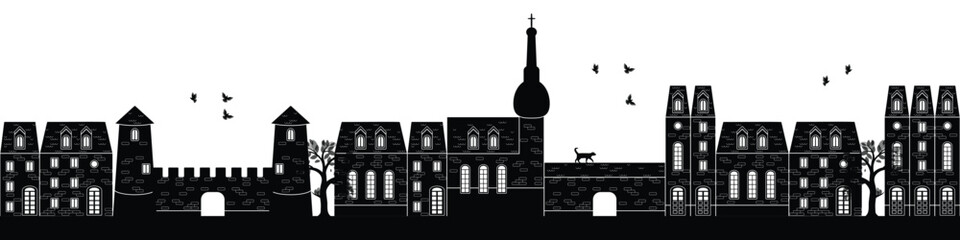 Panorama of a ancient European city, black silhouette on a white background, some birds are flying over the city 
