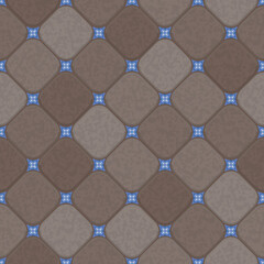 Traditional light brown and blue and white tile floor made of squares, seamless vector pattern
