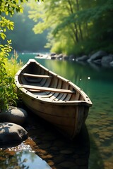 Weathered Wooden Canoe on a Lush Riverbank: Vintage Photorealistic Scene