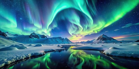 Fototapeta premium Frozen landscape ablaze with ethereal aurora borealis.