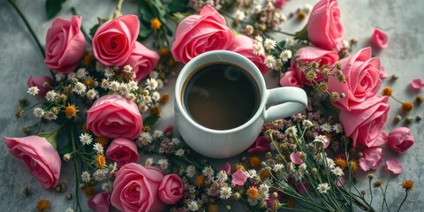 Aromatic Coffee Beside a Bouquet of Pink Roses and Delicate Wildflowers