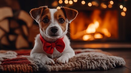 Adorable dog with bow tie in cozy holiday setting