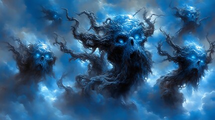 Ghastly skeletal figures emerge from stormy clouds, glowing blue eyes.