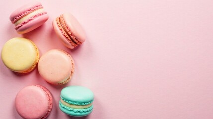 Obraz premium Delightful Pastel Macarons Arranged on a Pink Background, a Sweet and Elegant Culinary Composition