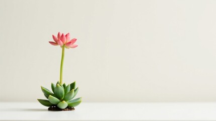 Fototapeta premium A Delicate Pink Flower Blooming Atop a Lush Green Succulent Plant on a Pristine White Surface