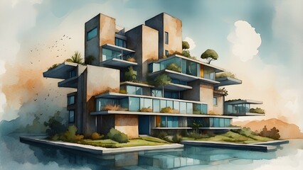 
architectural concept designs with some elements of surrealism., watercolor style,

