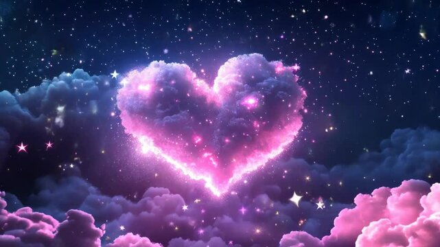 Dreamy pink heart nebula in starry sky with luminous clouds