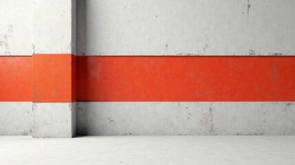 Fototapeta premium Abstract Architectural Composition Featuring a Striking Horizontal Band of Vivid Orange Accenting a Neutral Concrete Wall and Floor
