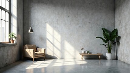 Sunlit Modern Interior Design Featuring a Tan Leather Armchair and Greenery