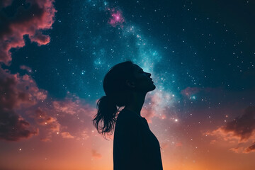 A woman standing in front of a starry sky looking up at the stars