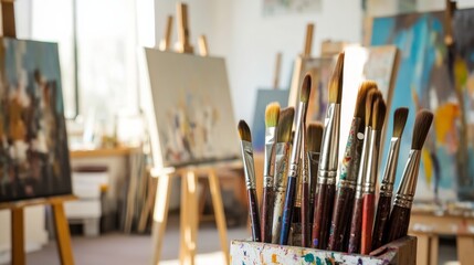 Fototapeta premium A well-organized painting studio with brushes and paint tubes meticulously placed, A clean, well-lit area with easels and canvases