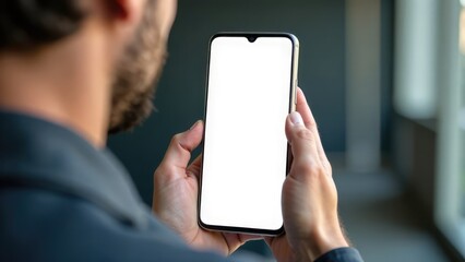 A man is holding a smartphone with a blank white screen indoors.
Concept of mobile interaction. Mockup