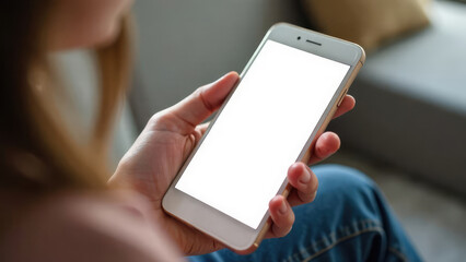 A person is holding a smartphone with a blank white screen indoors. Concept of mobile technology. Mockup