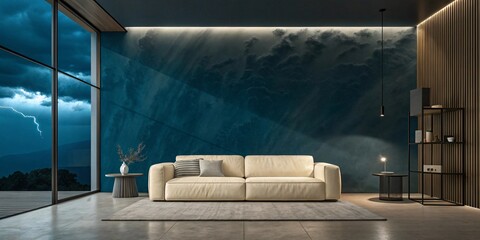 Moody Modern Living Room with Teal Storm Cloud Wallpaper V1