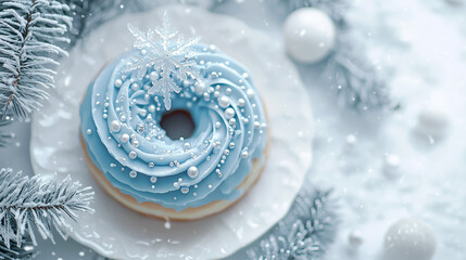 Winter Wonderland, A Frosted Blue Donut Adorned with a Snowflake and Silver Pearls, Set in a Snowy Scene