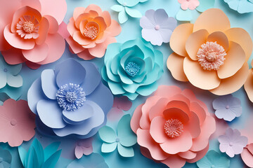 A bunch of paper flowers on a blue background