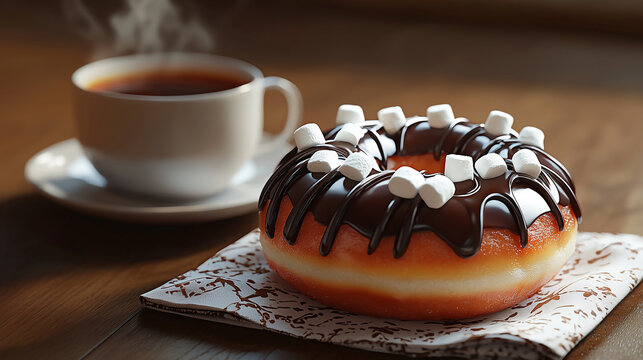 A Cozy Morning, Steam from a Cup of Coffee and a Marshmallow Topped Chocolate Donut on Wooden Surface