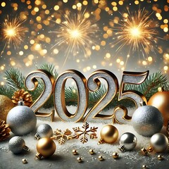 New Year 2025 Celebration with Silver Metallic Numbers and Festive Christmas Ornaments