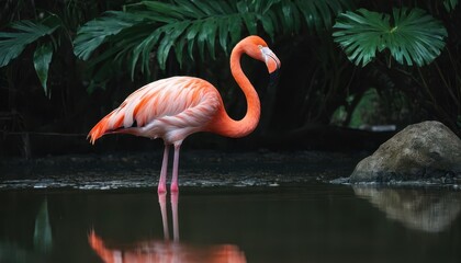 Fototapeta premium Bright pink flamingo reflected in tranquil water, framed by tropical leaves and a rocky backdrop, embodying elegance and tranquility in the wild