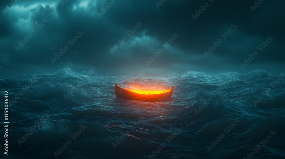 Poster dramatic scene of an illuminated boat surrounded by dark stormy seas under a menacing sky portraying