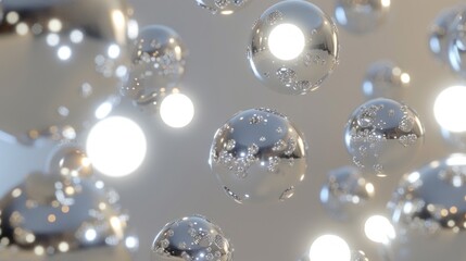 Fototapeta premium Abstract silver spheres floating in a light grey background.