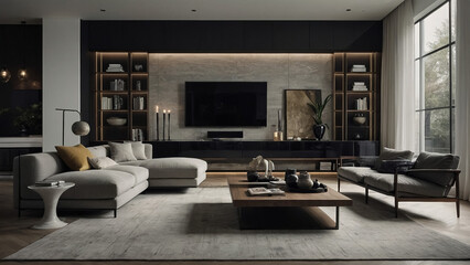 Obraz premium Interior of modern living room with gray walls, wooden floor, gray sofa and armchairs standing near round coffee table. Mock up poster