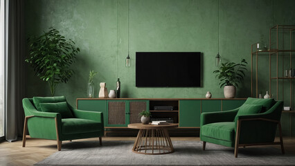 TV screen on the green wall in modern living room. 3d illustration