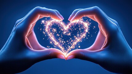 Obraz premium Two hands forming a heart shape filled with sparkling light.