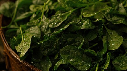 Obraz premium Fresh spinach leaves with water droplets in a rustic basket.