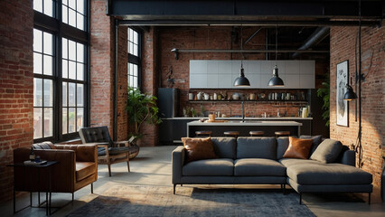A modern loft living room with a couch, a coffee table. The room has a minimalist and clean design, with a focus on functionality and comfort. 3d