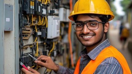 Technician repairs electrical connections in an urban setting while wearing safety gear and smiling