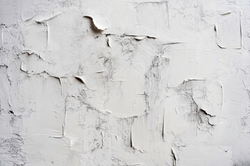 Obraz premium Close-up of a textured white plaster wall with uneven patterns and cracks, representing renovation, construction, and interior design concepts.