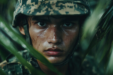 Fototapeta premium Generative AI illustration of man soldier surrounded by green tropical foliage