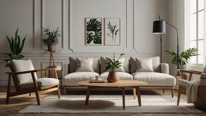 Living room interior with mock up poster frame, sofa and coffee table. 3d render