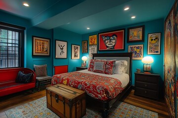 Colorful bedroom with bed, art, chest, seating, lamps.