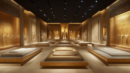 Grand Egyptian exhibit hall with artifacts.