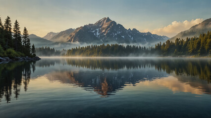 Serene nature landscape of a misty lake reflecting towering mountains at dawn. Perfect nature background highlighting tranquility and pristine