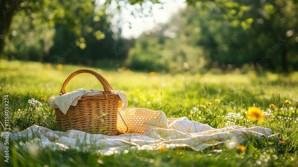 Poster a well-organized picnic setup with a neatly packed basket and blanket, a picturesque park with soft 