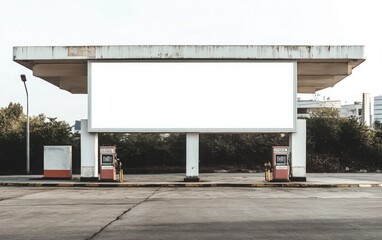 Fototapeta premium A high-quality photo of a blank billboard located at the entrance of an oil station, offering a clean white background for design and advertising mockup purposes