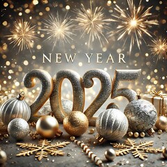 New Year 2025 Celebration with Silver Metallic Numbers and Festive Christmas Ornaments