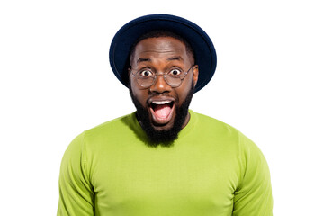 Close up photo of impressed funny millennial shouting wearing green jumper eyewear eyeglasses...