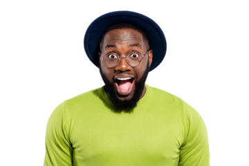 Close up photo of impressed funny millennial shouting wearing green jumper eyewear eyeglasses isolated over white background