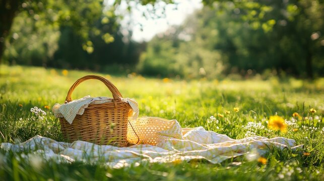 A well-organized picnic setup with a neatly packed basket and blanket, A picturesque park with soft grass and scattered wildflowers, Minimalist leisure style