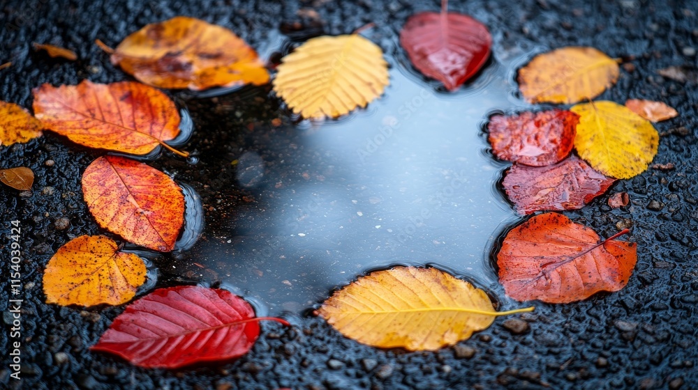 Poster a colorful array of fallen leaves surrounds a small puddle, reflecting the vibrant hues of autumn in