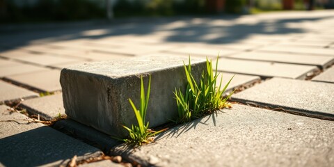Resilient Growth  A Single Stone Block Partially Concealed by Vibrant Green Sprouts in a Paved Area
