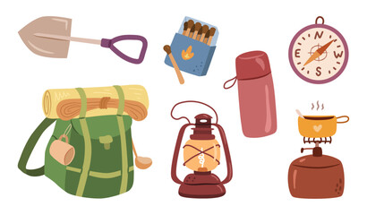 Camping portable instruments. Vector shovel, matches in box and gaslamp, stove and compass, thermos and hiking backpack with sleeping mat, rope and cup. Traveling and hiking accessories