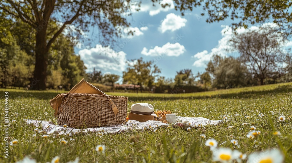 Poster a well-organized picnic setup with a neatly packed basket and blanket, a picturesque park with soft 
