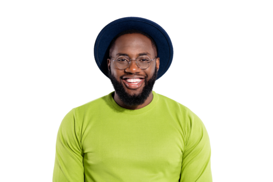Portrait of pretty guy wearing green pullover looking smiling isolated over white background